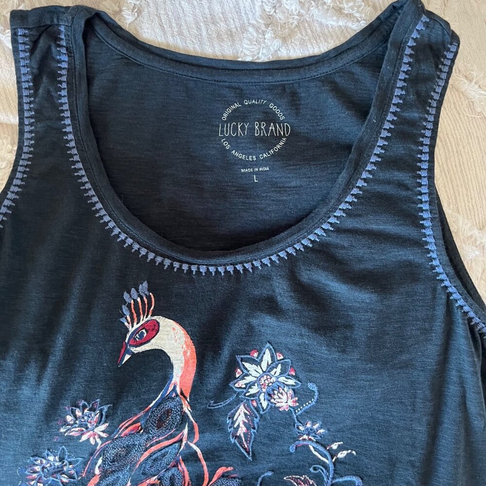 LUCKY BRAND Peacock Embroidered Tank Top Blue Multi Women's Large - Picture 9 of 10